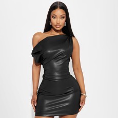 Slash Shoulder Sleeveless PU Mini Dress GPBY-17226