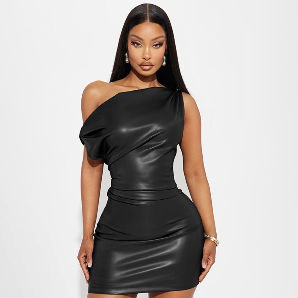 Slash Shoulder Sleeveless PU Mini Dress GPBY-17226