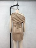 Slash Shoulder Sleeveless PU Mini Dress GPBY-17226