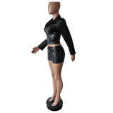 PU Leather Long Sleeve Zipper Short Suit MEM-88619