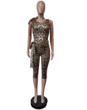 Leopard Print Sleeveless Tie UP 2 Piece Pant Set MEM-88617
