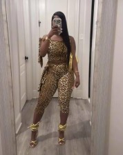Leopard Print Sleeveless Tie UP 2 Piece Pant Set MEM-88617