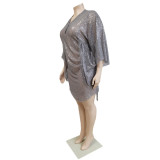 Plus Size V Neck Loose Sequin Mini Dress GCNF-352