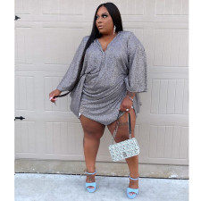 Plus Size V Neck Loose Sequin Mini Dress GCNF-352
