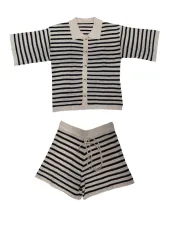 Stripe Knits Hollow Out Two Piece Shorts Set MDF-5505