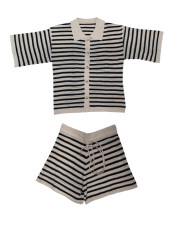 Stripe Knits Hollow Out Two Piece Shorts Set MDF-5505