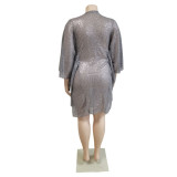 Plus Size V Neck Loose Sequin Mini Dress GCNF-352