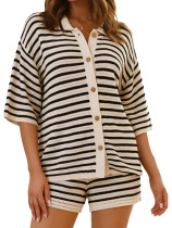 Stripe Knits Hollow Out Two Piece Shorts Set MDF-5505