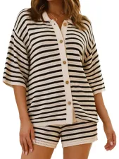 Stripe Knits Hollow Out Two Piece Shorts Set MDF-5505