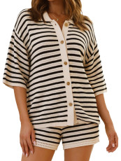 Stripe Knits Hollow Out Two Piece Shorts Set MDF-5505