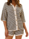 Stripe Knits Hollow Out Two Piece Shorts Set MDF-5505