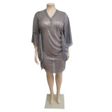 Plus Size V Neck Loose Sequin Mini Dress GCNF-352