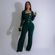 Patchwork Big Button Long Sleeve Jumpsuit OSM-4466
