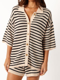 Stripe Knits Hollow Out Two Piece Shorts Set MDF-5505