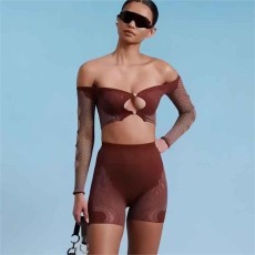 One Shoulder Long Sleeve Hollow Out Short Suit GYDE-045
