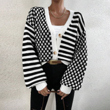 Plaid Patchwork Stripe Knits Coats GDAM-1027