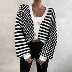 Plaid Patchwork Stripe Knits Coats GDAM-1027