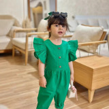 Kids Gril Solid Color Ruffled Sleeve Jumpsuit GYAY-8115