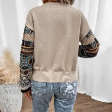 Loose Print Color Block Knits Tops GDAM-7198
