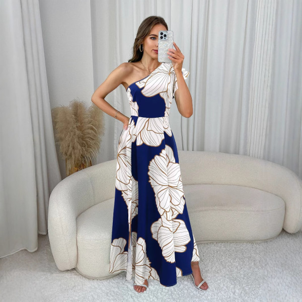 Slash Neck Backless Print Split Long Dress GYLY-10594