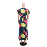 Print Ruffled Sleeve Tie Up Split Maxi Dress GYLY-10593