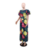 Print Ruffled Sleeve Tie Up Split Maxi Dress GYLY-10593