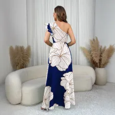 Slash Neck Backless Print Split Long Dress GYLY-10594