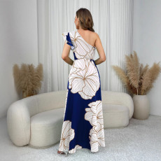 Slash Neck Backless Print Split Long Dress GYLY-10594