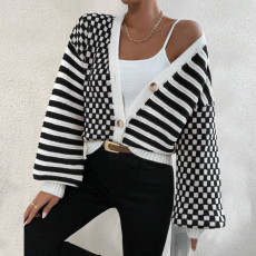 Plaid Patchwork Stripe Knits Coats GDAM-1027