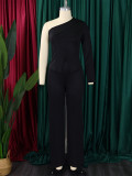 Plus Size Single Shoulder Long Sleeve Solid Pants Suit GATE-D463