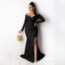 Sexy V Neck Off Shoulder Split Long Evening Dress AIL-143