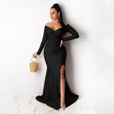 Sexy V Neck Off Shoulder Split Long Evening Dress AIL-143