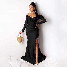 Sexy V Neck Off Shoulder Split Long Evening Dress AIL-143