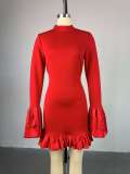 Flare Sleeve Solid Ruffled Mini Dress GCNE-7941
