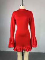 Flare Sleeve Solid Ruffled Mini Dress GCNE-7941