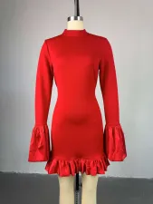 Flare Sleeve Solid Ruffled Mini Dress GCNE-7941