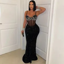 Velour Sequin Sling Hot Drill Maxi Dress CYA-901592