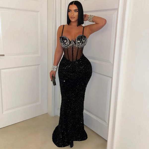 Velour Sequin Sling Hot Drill Maxi Dress CYA-901592