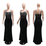 Velour Sequin Sling Hot Drill Maxi Dress CYA-901592
