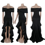 Plus Size Solid One Shoulder Lace Maxi Dress NY-10960