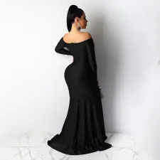 Sexy V Neck Off Shoulder Split Long Evening Dress AIL-143