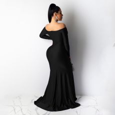 Sexy V Neck Off Shoulder Split Long Evening Dress AIL-143