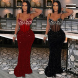 Velour Sequin Sling Hot Drill Maxi Dress CYA-901592