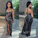 Mesh Hot Drill Sling Split Maxi Dress GOSD-6847