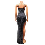 Mesh Hot Drill Sling Split Maxi Dress GOSD-6847