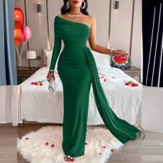 Single Shoulder Long Sleeve Solid Maxi Dress SNF-234LQ55897-A888