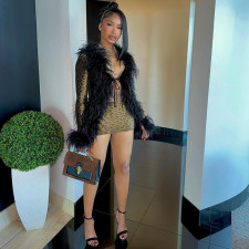 Hollow Out Leopard Print Lace-Up Fur Collar Dress GYME-R24S58176