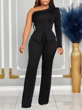 Plus Size Single Shoulder Long Sleeve Solid Pants Suit GATE-D463