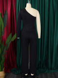 Plus Size Single Shoulder Long Sleeve Solid Pants Suit GATE-D463