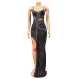 Mesh Hot Drill Sling Split Maxi Dress GOSD-6847